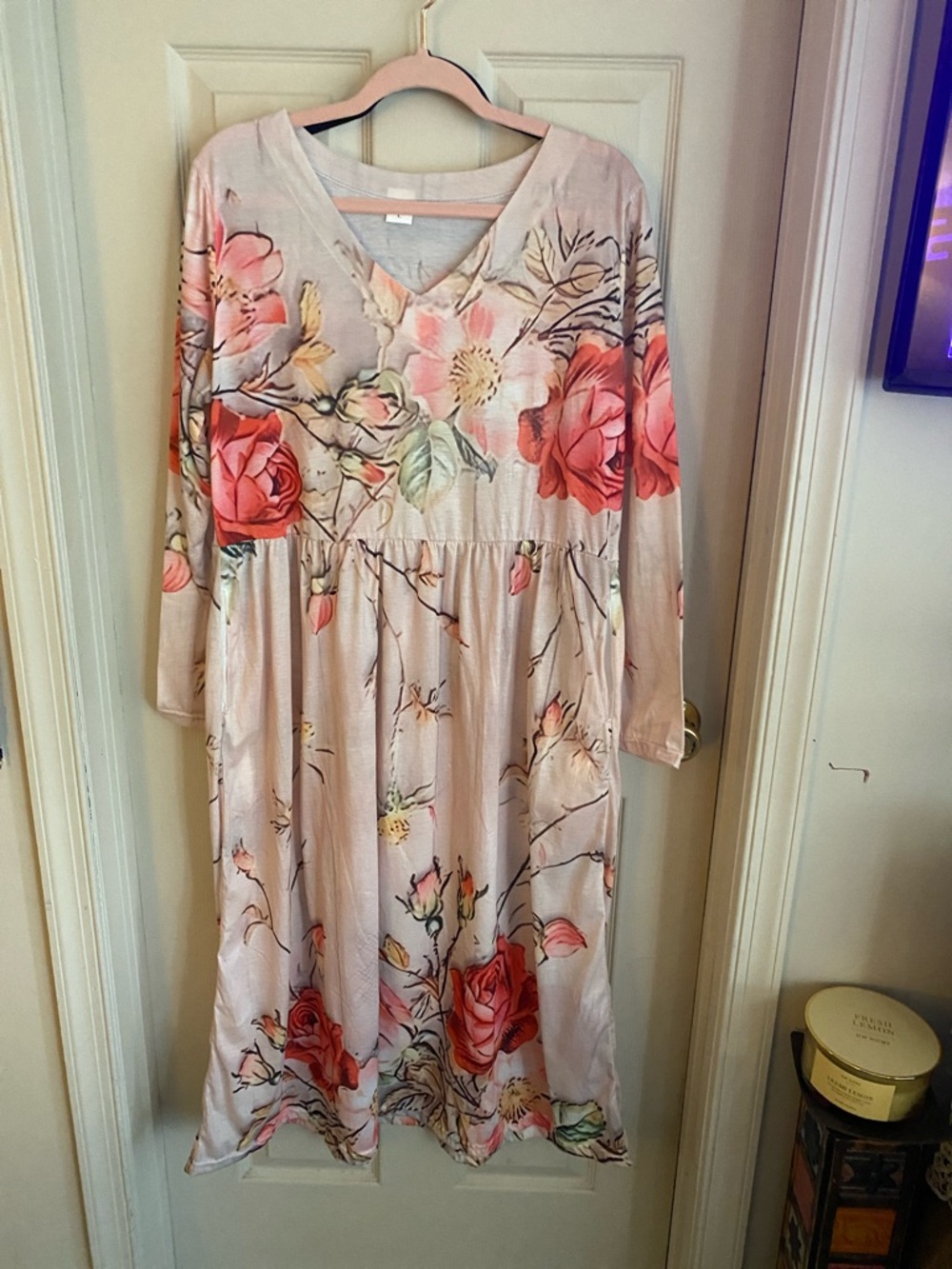 Floral V-Neck Long Sleeve Midi Dress in Blush Pink